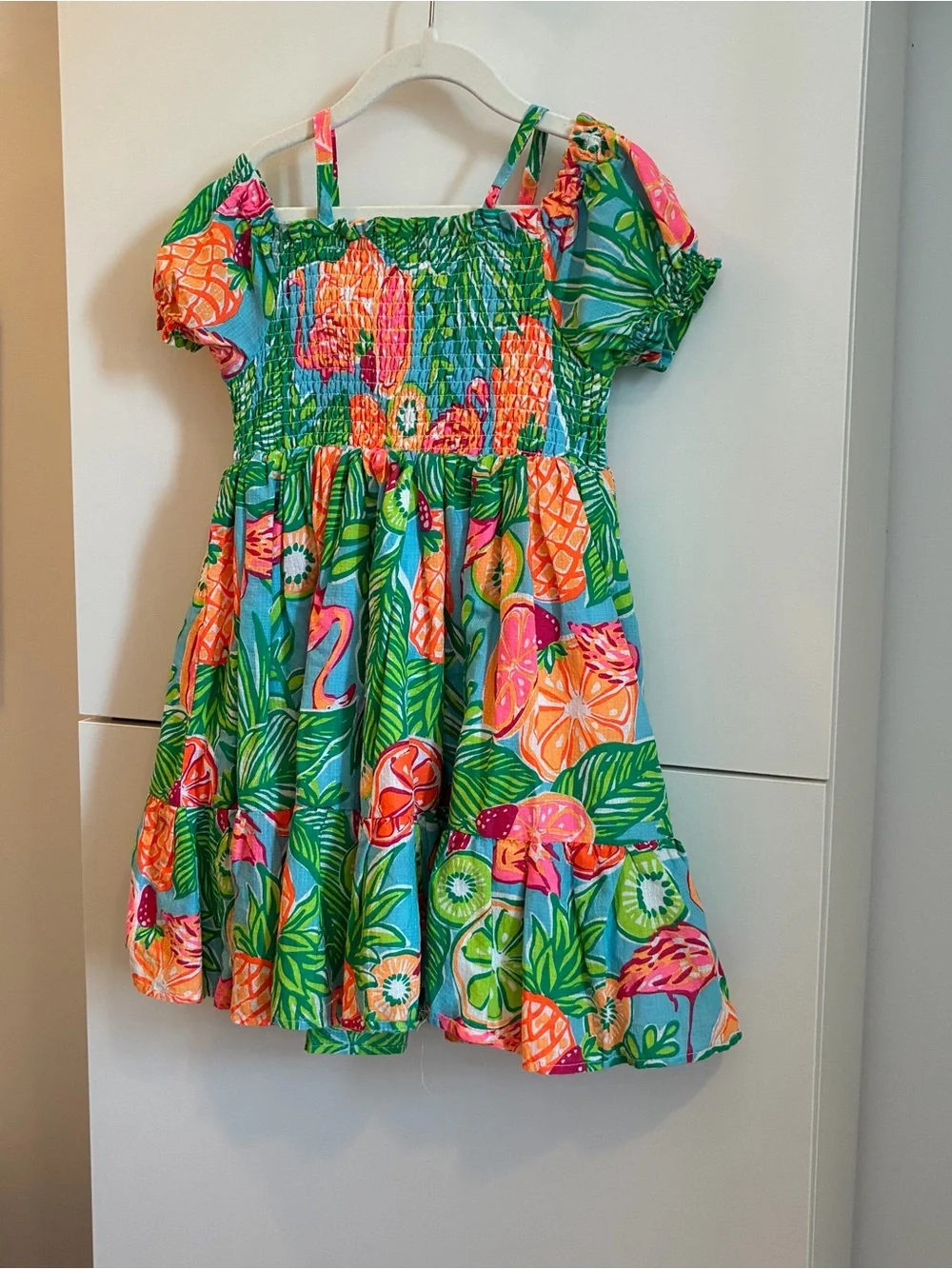 Girls' Tropical Green Pink and Orange Smocked Sundress Size 7